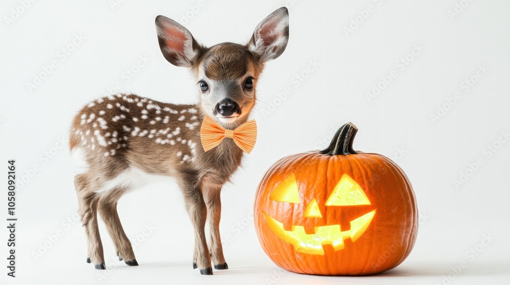 Fototapeta premium Fawn with a Bowtie and a Jack-o-Lantern for Halloween