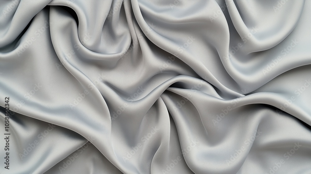 Close-up of smooth and flowing light gray silk fabric with elegant folds and draping details in a soft texture. Close-up of smooth and flowing light gray silk fabric with elegant folds and draping details in a soft texture.