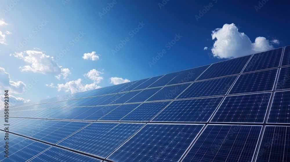 Solar panels under clear blue sky with clouds on a sunny day Solar panels under clear blue sky with clouds on a sunny day