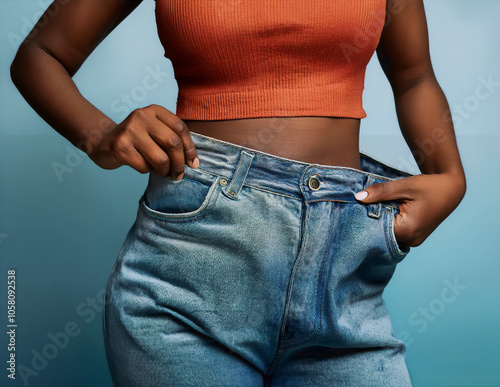 Obraz na płótnie Frau zeigt ihre alten Jeans die jetzt zu groß ist w salonie