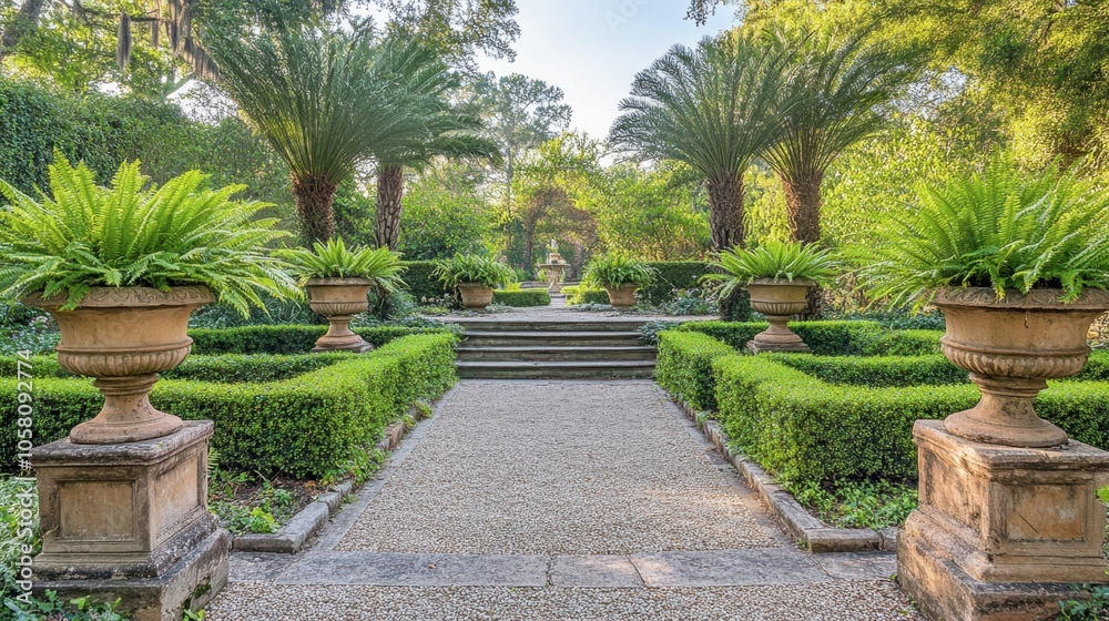 Serene Garden Pathway with Lush Greenery and Planters Serene Garden Pathway with Lush Greenery and Planters