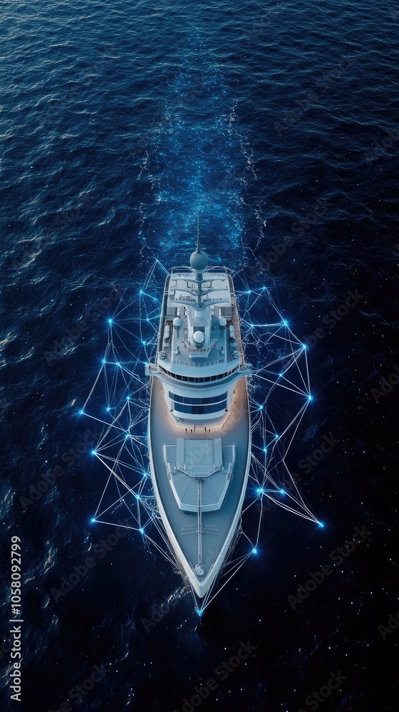 Fototapeta premium A contemporary naval vessel moves through tranquil seas amidst digital connections highlighting technological advancements in maritime warfare
