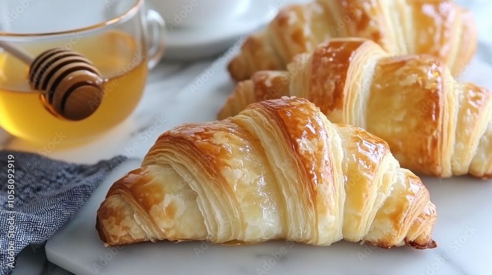 Fresh Croissants with Honey on a Marble Surface Fresh Croissants with Honey on a Marble Surface