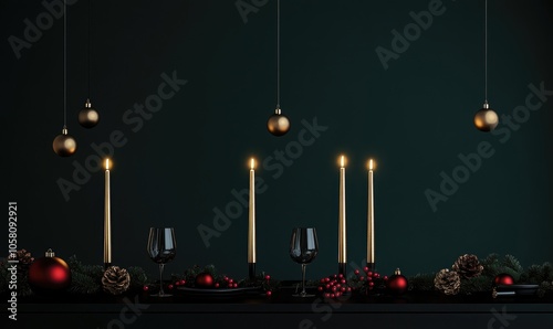 Minimalist black dining table with gold candle holders, dark red and green decor photo