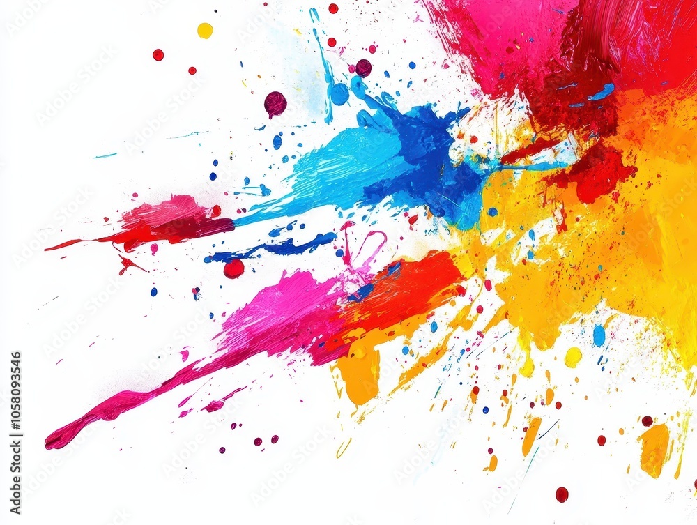 Abstract Colorful Paint Splatter Background - Vibrant Splashes of Blue, Red, Yellow, and Pink on White Canvas Abstract Colorful Paint Splatter Background - Vibrant Splashes of Blue, Red, Yellow, and Pink on White Canvas