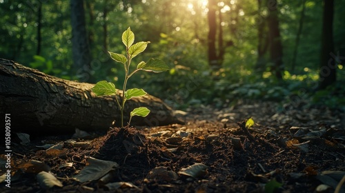 Young Sprout Growing in Sunlight in Forest -  Nature, Rebirth, New Beginnings