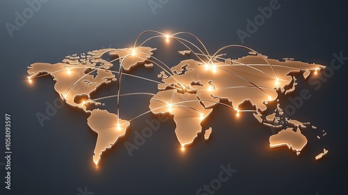 This 3D world map showcases vibrant orange connections linking countries, set against a dark backdrop for dramatic effect photo