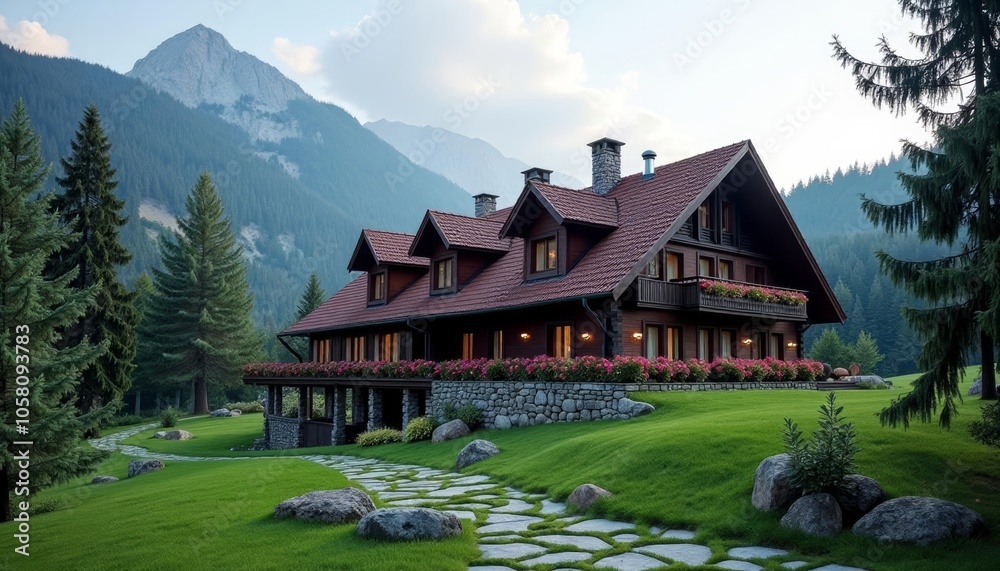 Fototapeta premium Elegant mountain retreat with scenic views