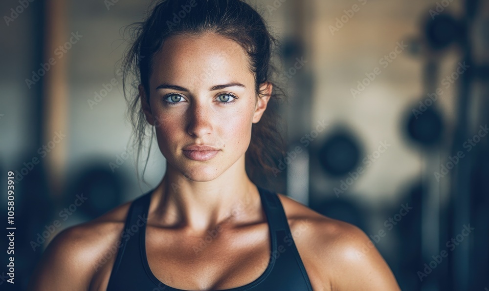 Portrait of a woman in a classic black sports bra, looking determined with gym equipment in the background
