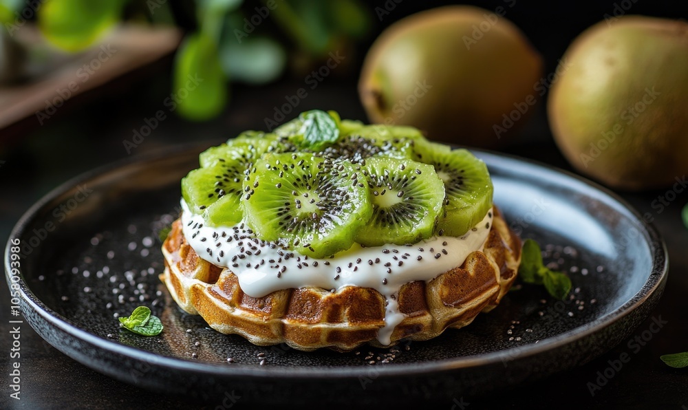 Protein waffle with a layer of yogurt, kiwi, and chia seeds on a dark ceramic plate Protein waffle with a layer of yogurt, kiwi, and chia seeds on a dark ceramic plate