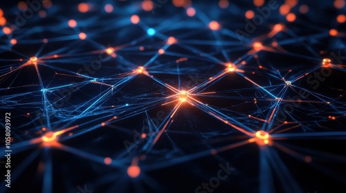 Abstract Network Connections with Glowing Orange and Blue Lines and Nodes.