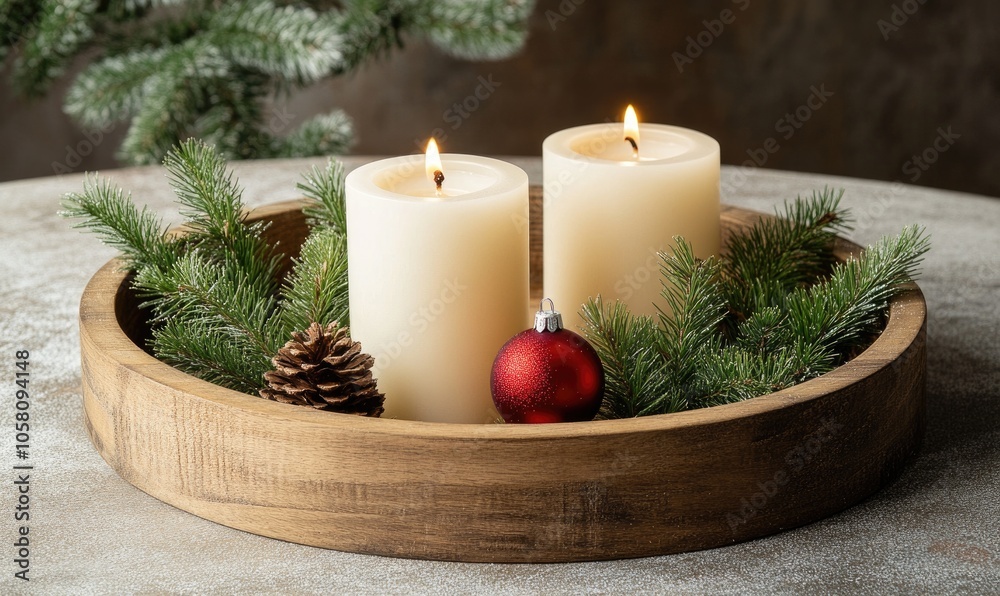 Round wooden tray with three pillar candles, a few pine needles, and a single small red ornament Round wooden tray with three pillar candles, a few pine needles, and a single small red ornament