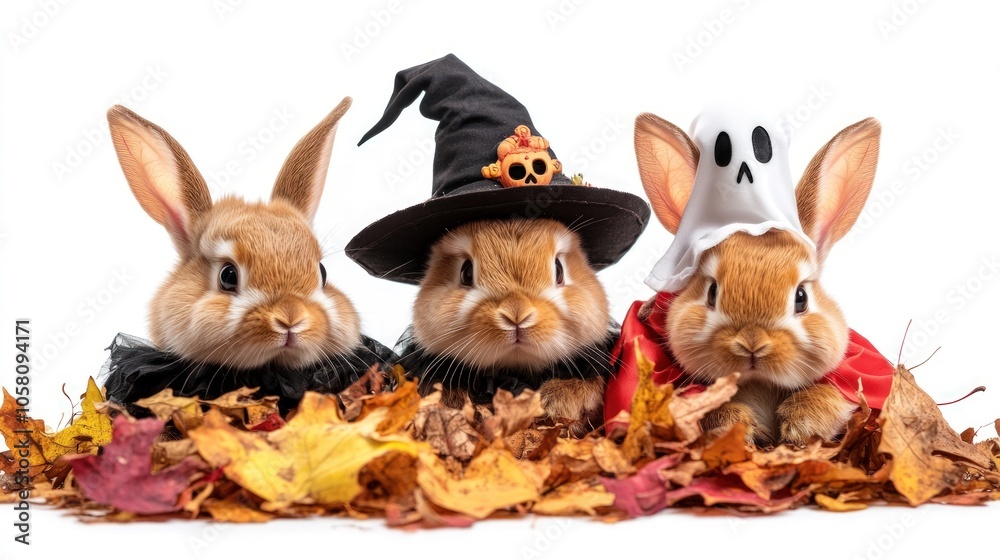 Fototapeta premium Three Adorable Bunnies Dressed Up For Halloween