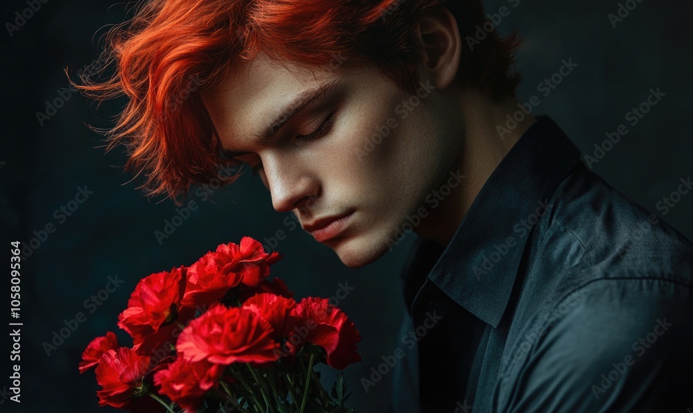 Closeup portrait of a man with bright red hair, holding bright red carnations Closeup portrait of a man with bright red hair, holding bright red carnations