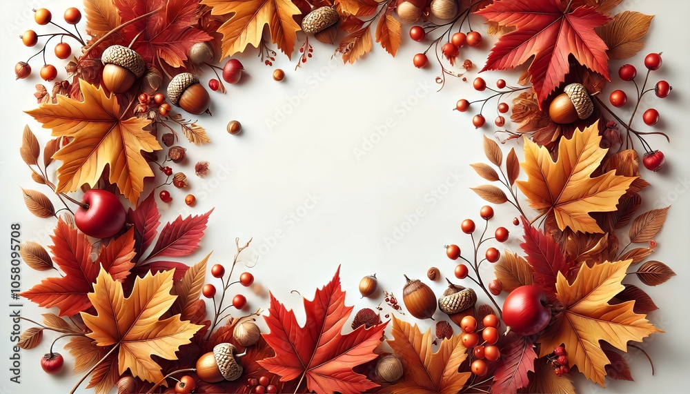 Bright, highly artistic photorealistic autumn leaves in warm colors, with detailed acorns and berries framing a spacious white background, creating an elegant and inviting seasonal frame with a wide, Bright, highly artistic photorealistic autumn leaves in warm colors, with detailed acorns and berries framing a spacious white background, creating an elegant and inviting seasonal frame with a wide,