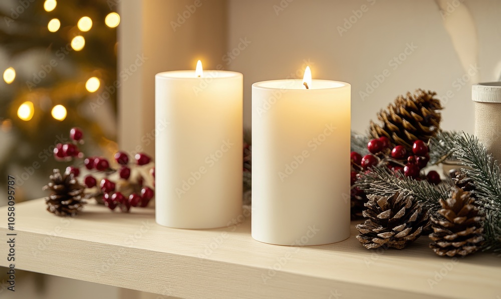 Two white pillar candles on a light wood shelf, surrounded by pinecones and a few red berries