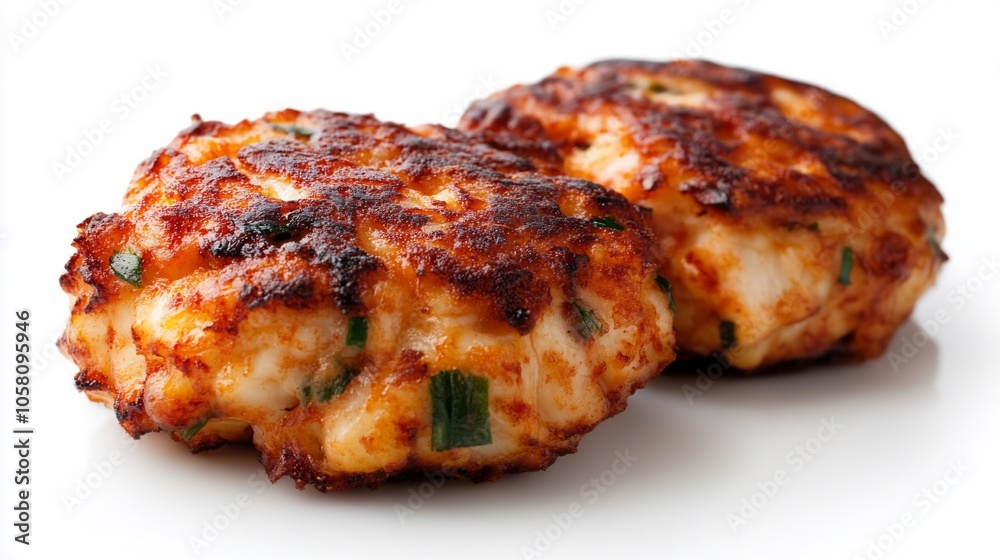Two golden brown, crispy, juicy, homemade crab cakes isolated on a white background. Two golden brown, crispy, juicy, homemade crab cakes isolated on a white background.