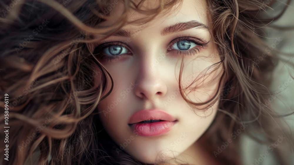 A young woman with long, flowing brown hair and piercing blue eyes stares intensely at the camera. A young woman with long, flowing brown hair and piercing blue eyes stares intensely at the camera.