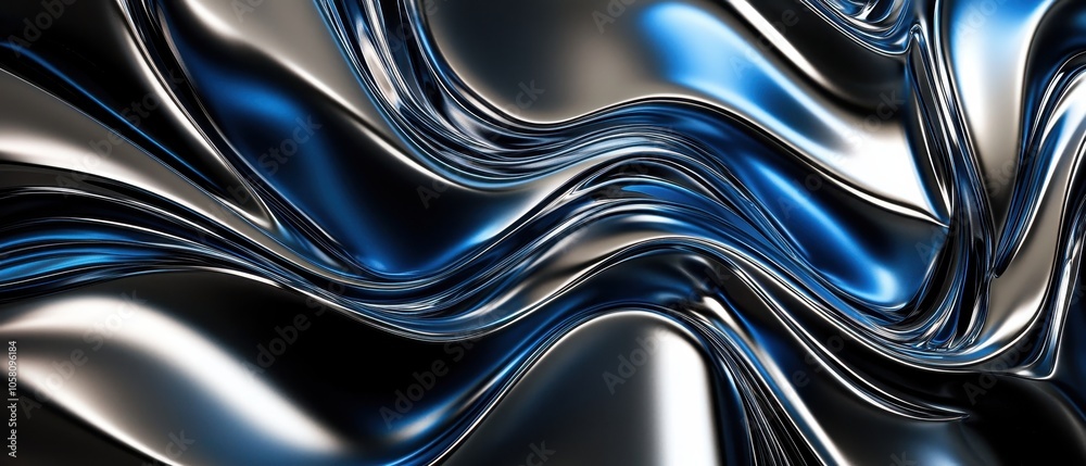 Abstract Metallic Blue and Silver Wavy Texture Background.