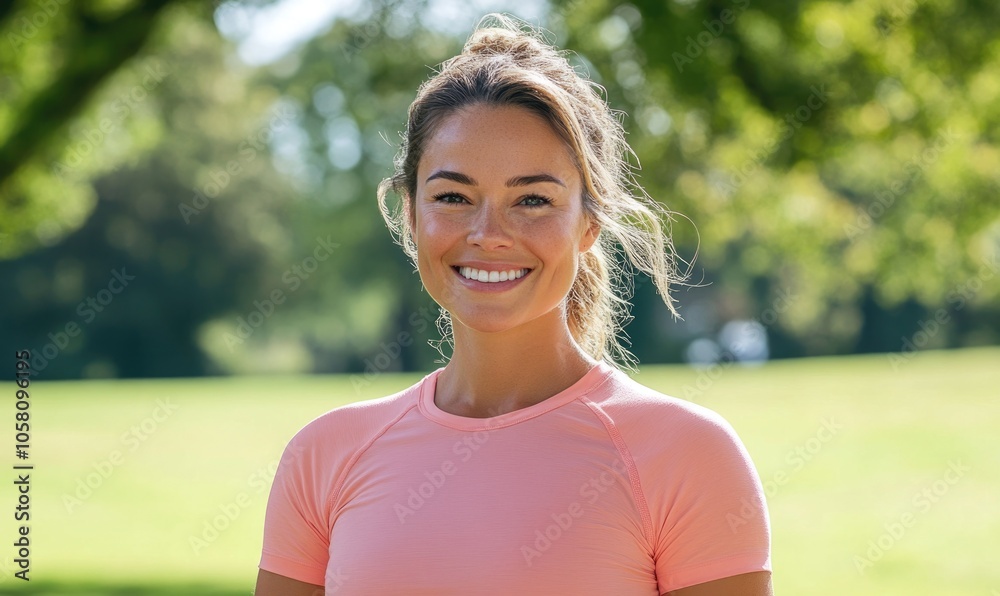 Woman in a pastel pink sports top, shown against a sunny park backdrop Woman in a pastel pink sports top, shown against a sunny park backdrop