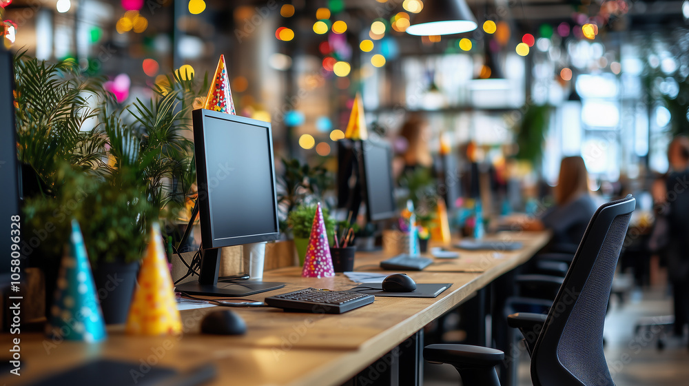 office studio background with festive decorations and computers, featuring party hats for a new year's celebration in a coworking space