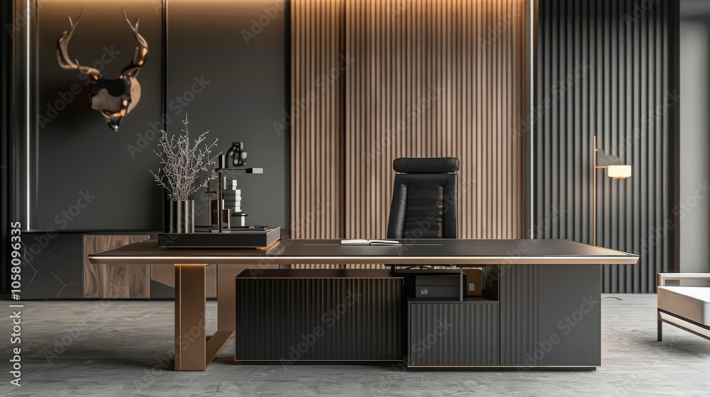 Obraz premium A sleek and modern executive office desk with a black leather chair in a minimalist setting.
