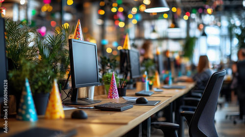 office studio background with festive decorations and computers, featuring party hats for a new year's celebration in a coworking space