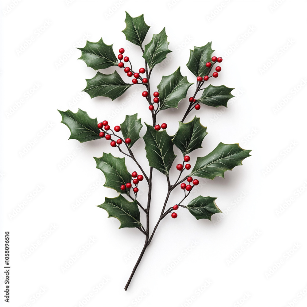 Fototapeta premium sprig of holly with glossy green leaves and bright red berries. isolated on white background