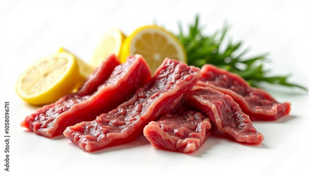 Freshly sliced beef with lemon and herbs ready for a delicious meal Freshly sliced beef with lemon and herbs ready for a delicious meal
