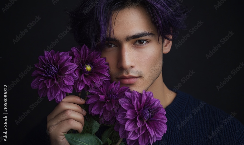 Closeup portrait of a man with dark purple hair, holding purple dahlias close to his chest