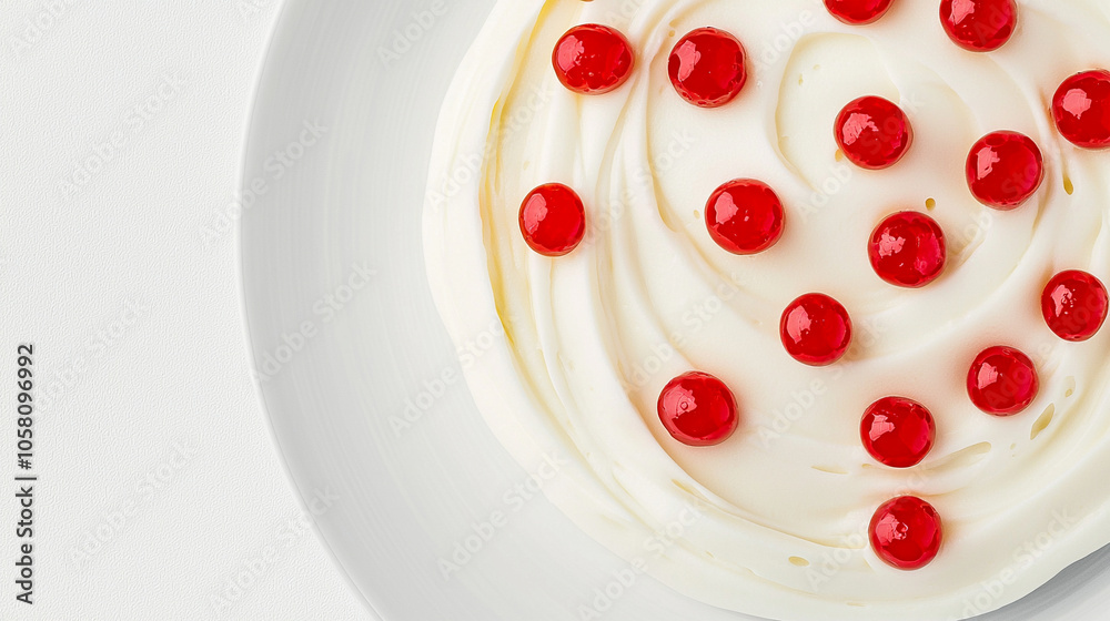Overhead shot of vanilla foam topped with fresh raspberries on white plate