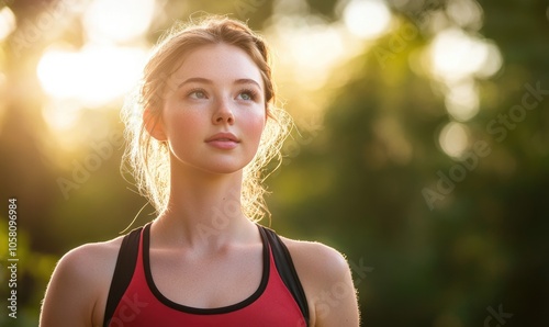 Young woman in a red and black racerback top, standing outdoors in a natural setting with sunlit trees