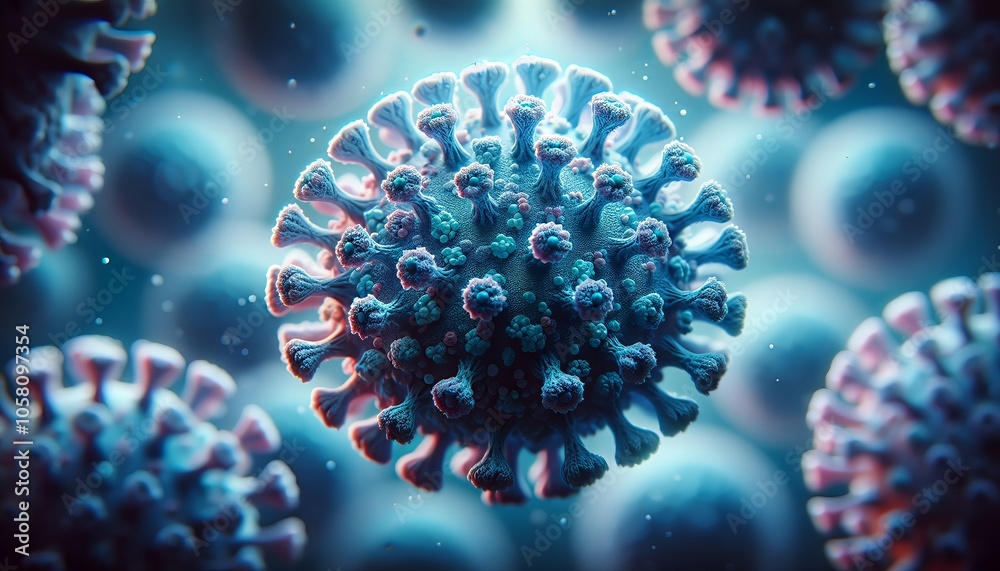 A close-up of a coronavirus particle, showing its intricate structure and the tiny droplets of water surrounding it. A close-up of a coronavirus particle, showing its intricate structure and the tiny droplets of water surrounding it.