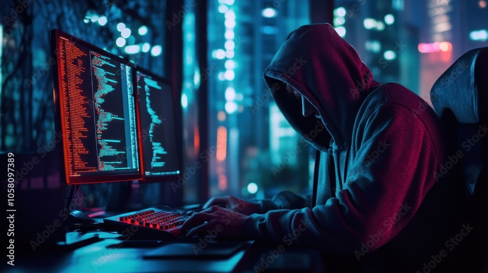 Hacker in dark hood using computer internet cyber attack laptop on binary code matrix background
