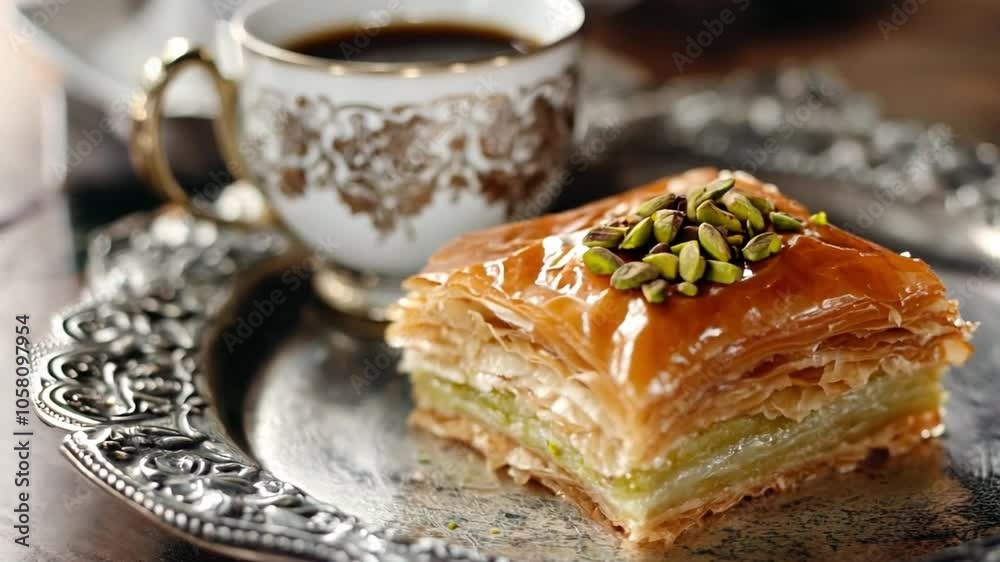 Delicious baklava served with coffee on a decorative plate, highlighting Middle Eastern culinary traditions