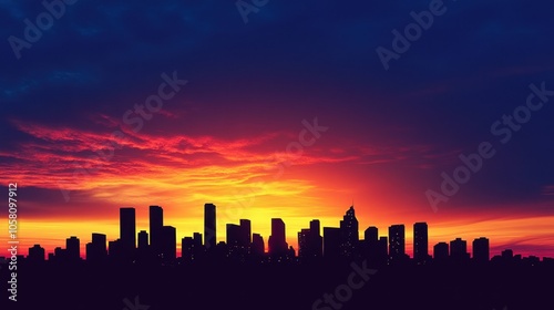 Silhouette of City Skyline at Sunset with Vibrant Red and Orange Clouds.