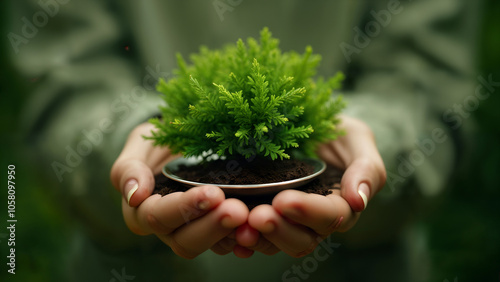 A Whimsical Bush Growing from a Shiny Spoon in a Person's Hands Symbolizing Creativity