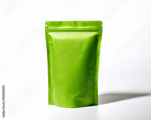 green pouch packaging mockup, Isolated, Flexible stand-up pouch packaging with a resealable top, suitable for snacks or sauces. green packaging mockup,
 photo