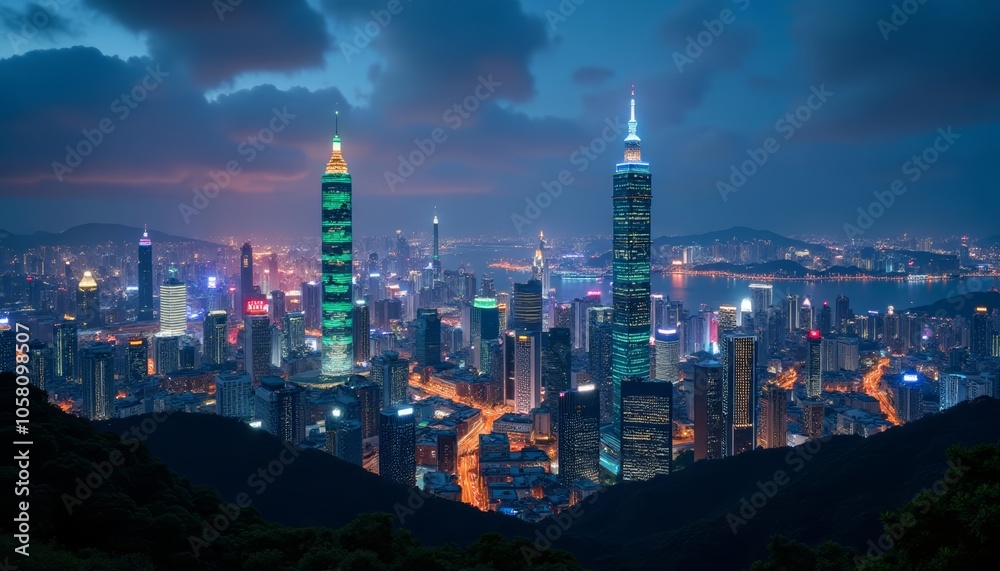 Obraz premium Bright city lights against the night sky