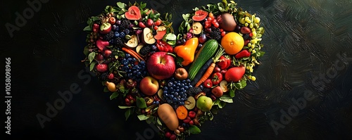 Artistic heart-shaped composition of fruits and vegetables, celebrating the beauty and bounty of nature.