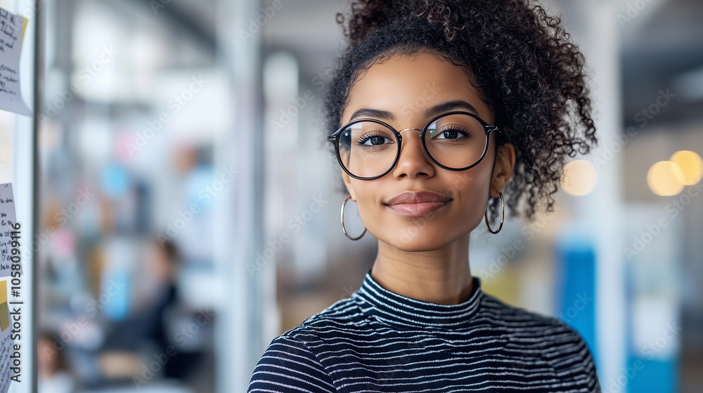 a portrait of a happy brunette woman with glasses in a coworking office with a modern branding background