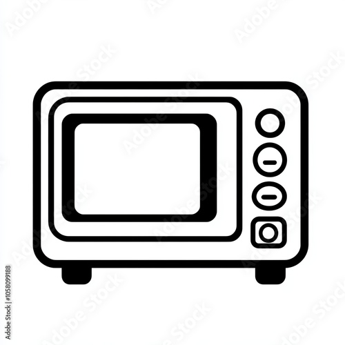 A minimalist design features a black and white line of a microwave oven, showcasing buttons and an empty display against a white backdrop, icon