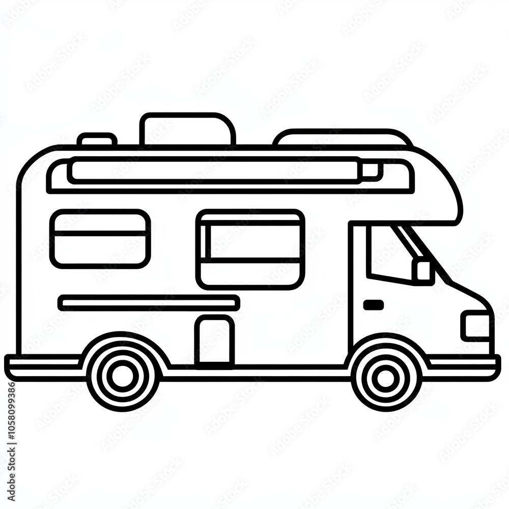 This design features a minimalist motorhome in black and white. It symbolizes travel, adventure, and outdoor experiences in a straightforward style, icon This design features a minimalist motorhome in black and white. It symbolizes travel, adventure, and outdoor experiences in a straightforward style, icon