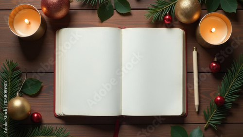 Open blank book surrounded by Christmas candles and pine decor on wooden table