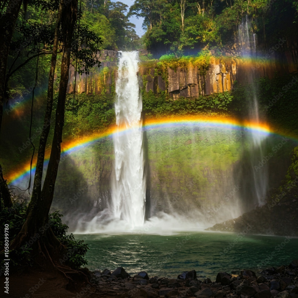 Majestic rainbow arching over a hidden waterfall deep in the jungle Majestic rainbow arching over a hidden waterfall deep in the jungle