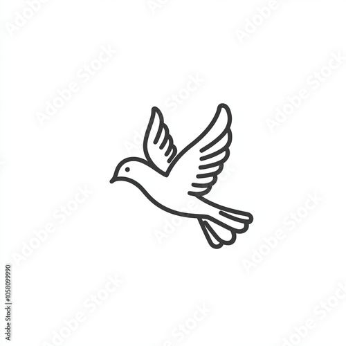 This graphic illustrates a peace dove in flight, depicted in a minimalist black and white style, conveying a message of harmony and serenity, icon