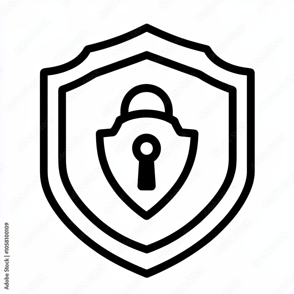 This graphic features a simplistic line design of a shield and lock, representing physical security concepts in a minimalistic style against a plain background, icon This graphic features a simplistic line design of a shield and lock, representing physical security concepts in a minimalistic style against a plain background, icon
