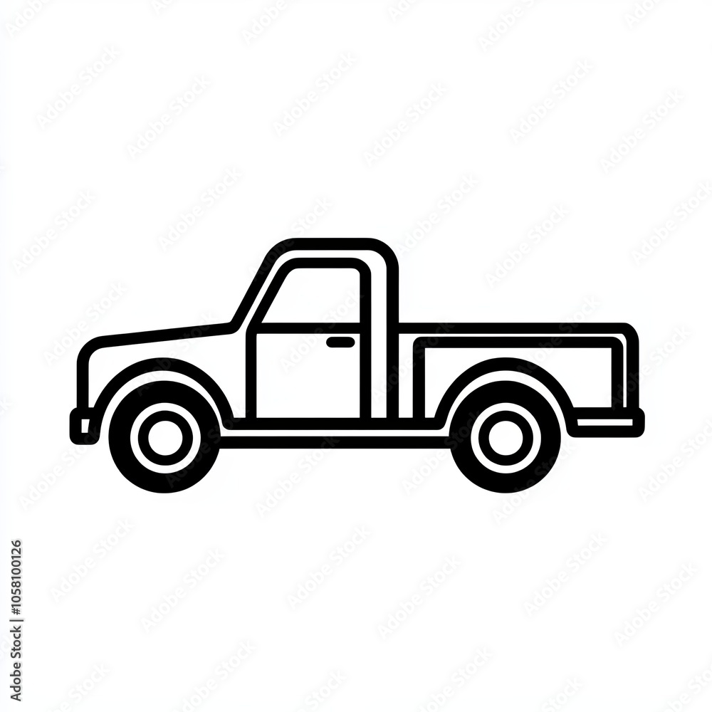 This illustration showcases a minimalist design of a pickup truck with clear lines and a black and white color scheme against a white background, icon This illustration showcases a minimalist design of a pickup truck with clear lines and a black and white color scheme against a white background, icon