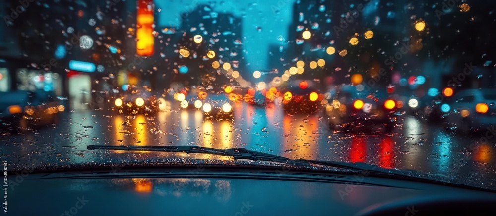 A blurry view of city lights through a car windshield covered in raindrops.