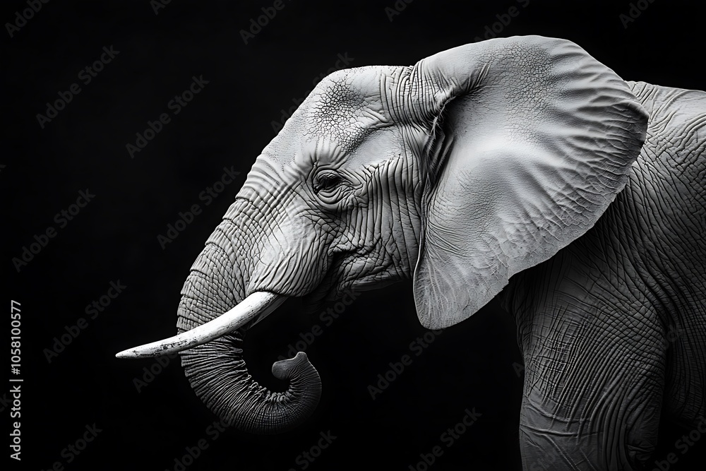 Fototapeta premium A classic black and white photograph of an elephant with prominent tusks.